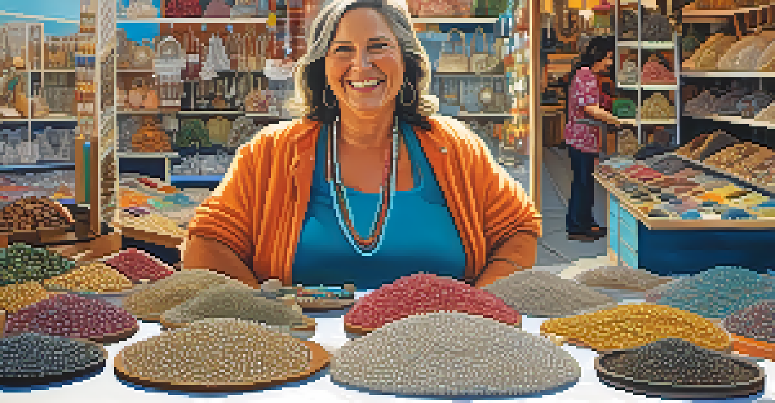 A vendor showcasing handmade jewelry at a Carlsbad market with a smiling face and colorful jewelry pieces.