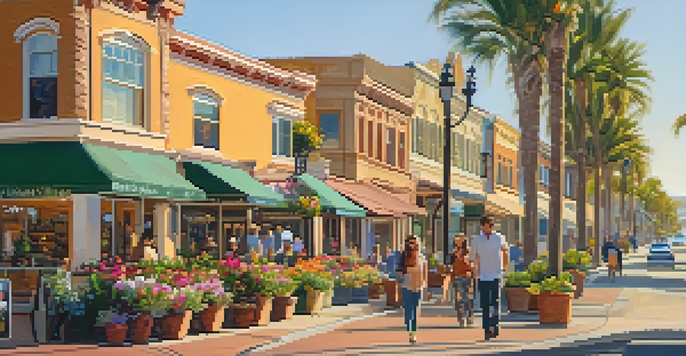 A vibrant street view of Carlsbad Village showcasing a mix of historic and modern buildings with people walking and flower pots lining the sidewalks.