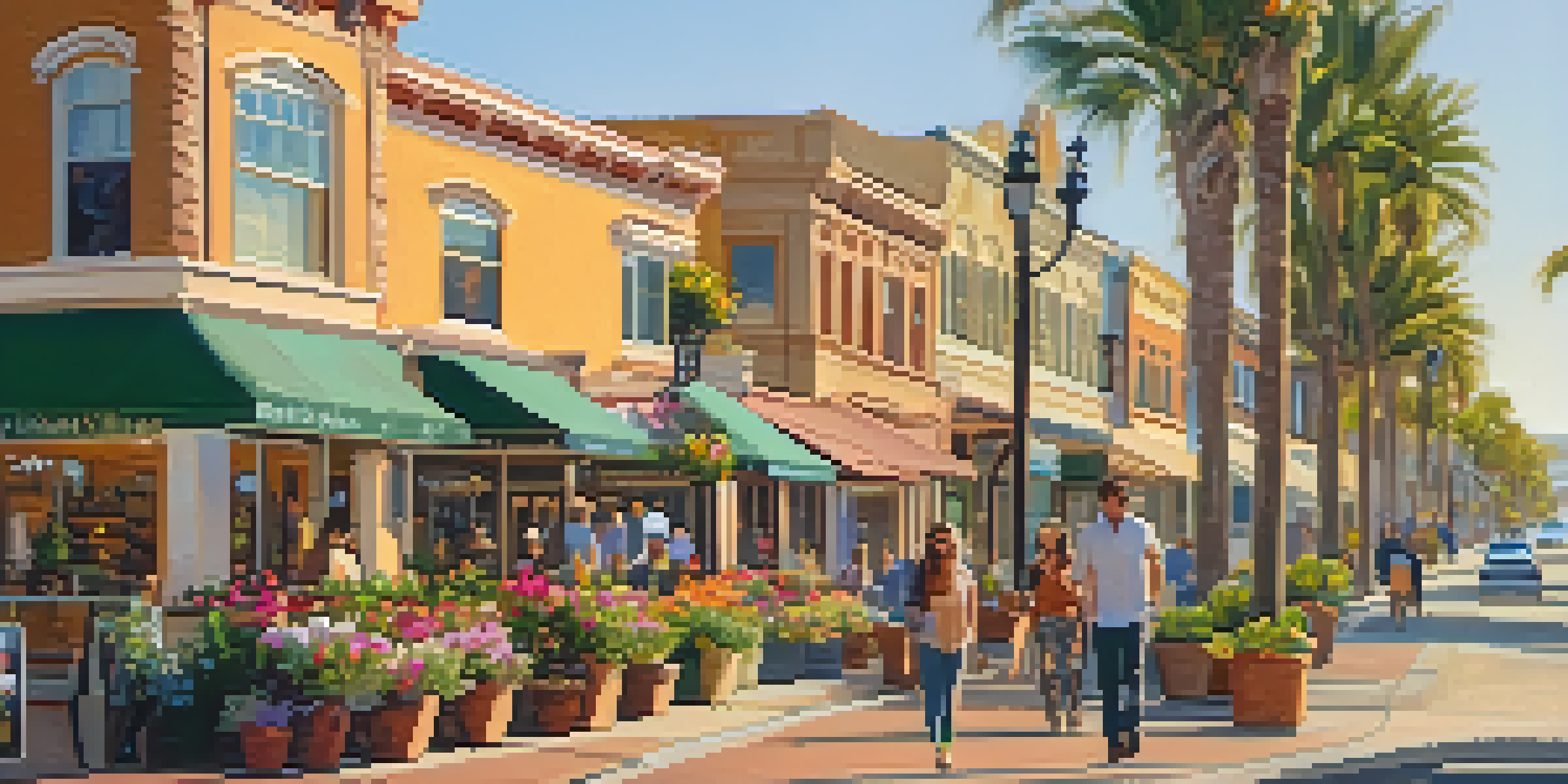 A vibrant street view of Carlsbad Village showcasing a mix of historic and modern buildings with people walking and flower pots lining the sidewalks.