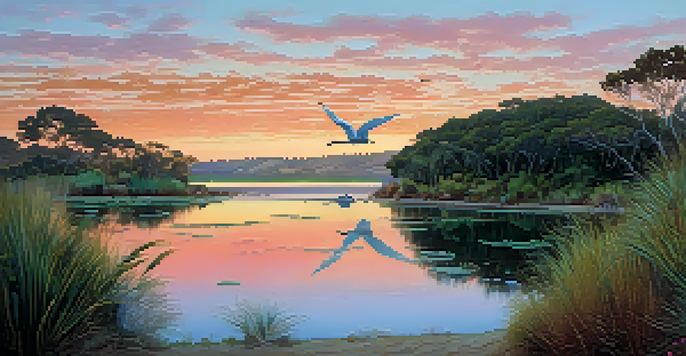 A peaceful lagoon at sunrise with colorful reflections in the water, green plants, and birds on the banks.