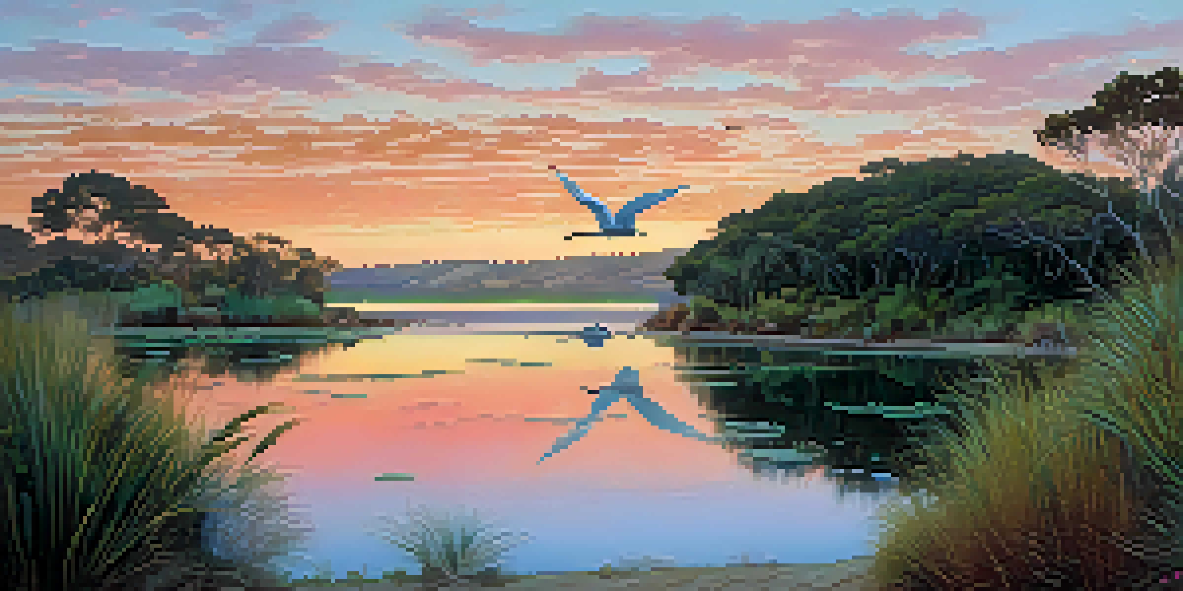A peaceful lagoon at sunrise with colorful reflections in the water, green plants, and birds on the banks.