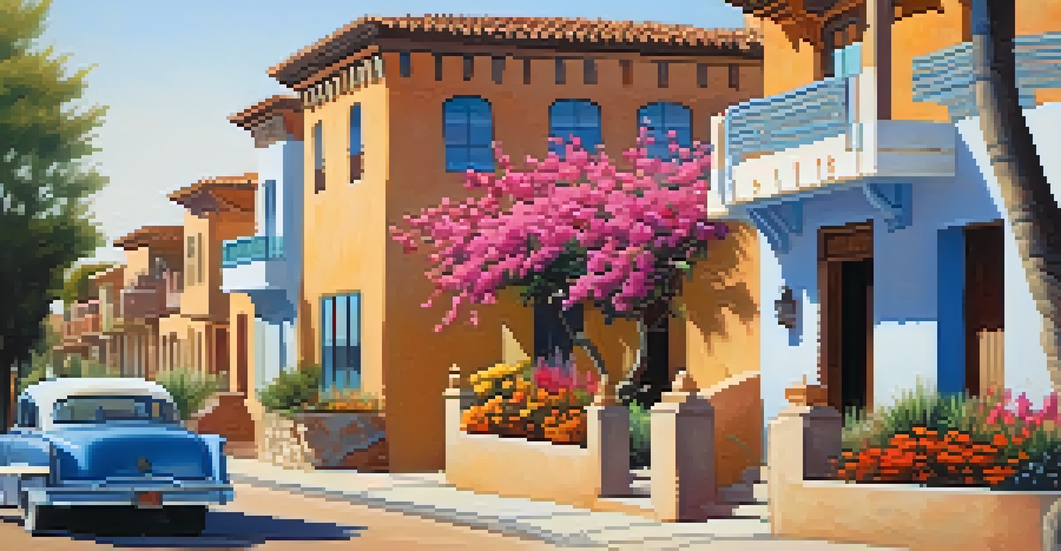 A view of traditional adobe buildings in Carlsbad's Barrio with colorful flowers and morning light.