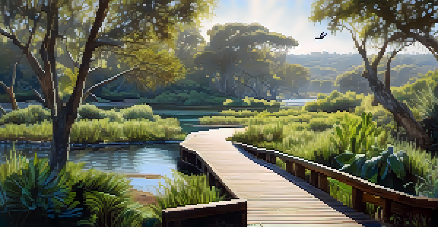 A peaceful lagoon scene with birds in flight, surrounded by greenery and a wooden boardwalk.