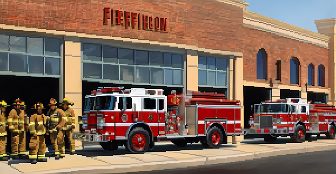 A diverse group of volunteer firefighters in uniforms smiling in front of a fire station with a vintage fire truck in the background.