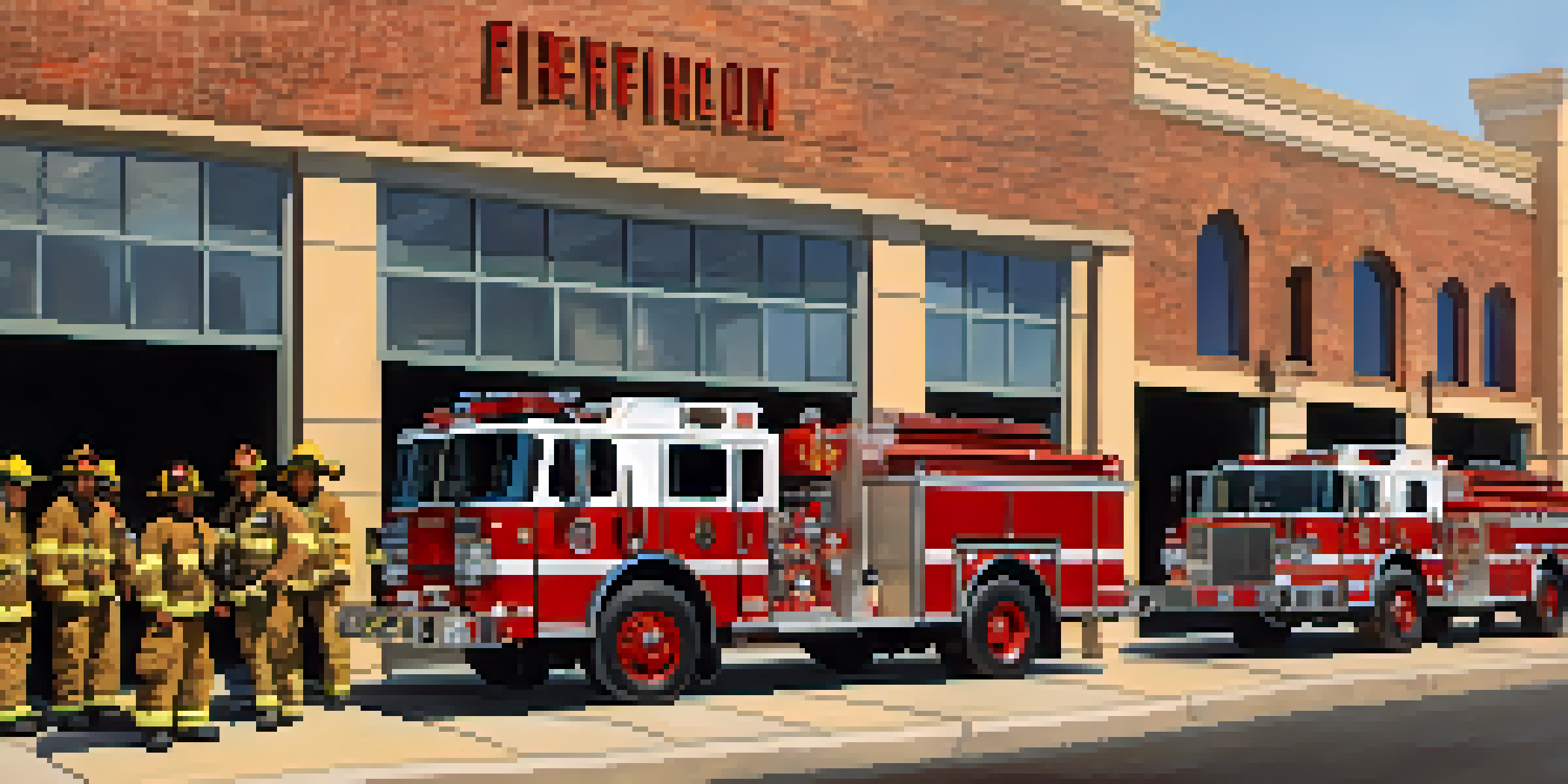 A diverse group of volunteer firefighters in uniforms smiling in front of a fire station with a vintage fire truck in the background.