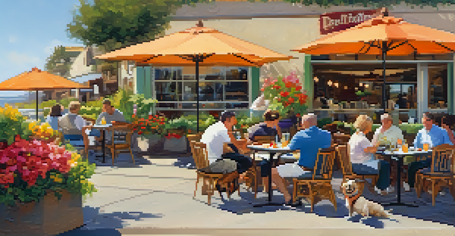 A dog lying beside an outdoor dining table at a pet-friendly restaurant, surrounded by flowers and diners.