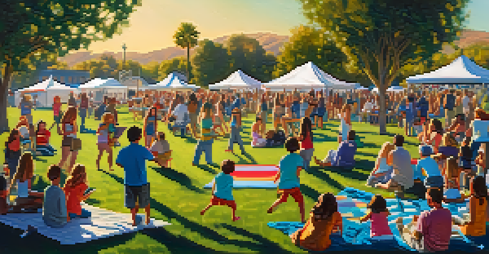 A lively outdoor concert with families enjoying music, children dancing, and a band performing on stage during sunset.