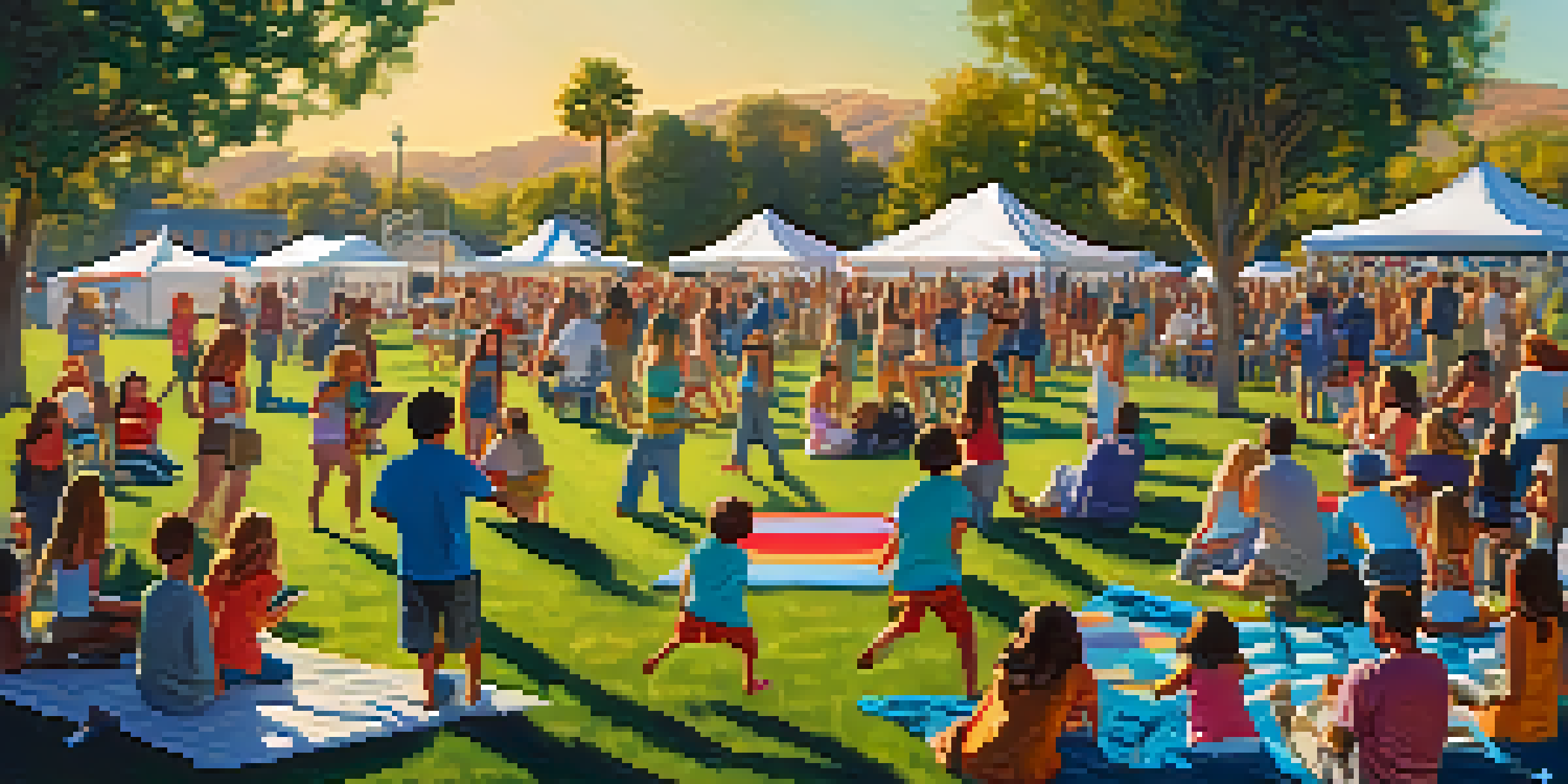 A lively outdoor concert with families enjoying music, children dancing, and a band performing on stage during sunset.