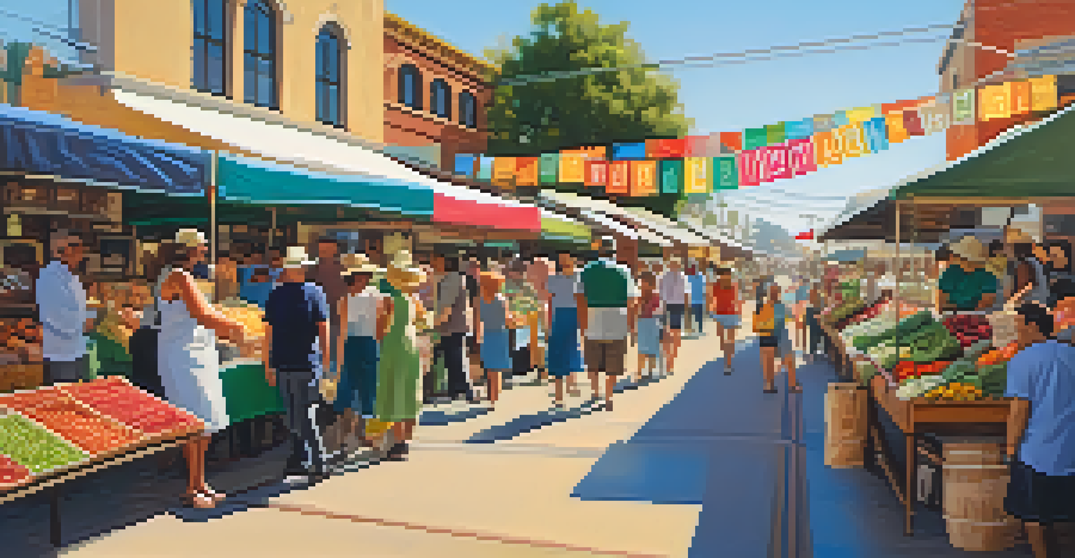 A lively street market in Carlsbad with diverse vendors, colorful stalls, and people enjoying the festivities, set against a backdrop of historic railroad tracks.