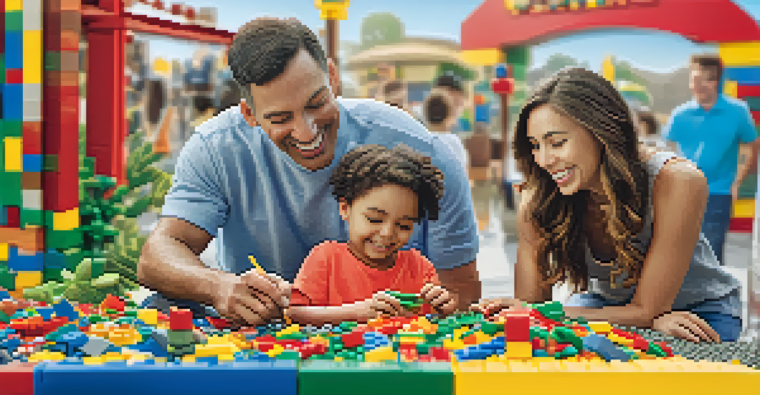 Children playing with LEGO bricks at LEGOLAND California, surrounded by colorful sculptures.