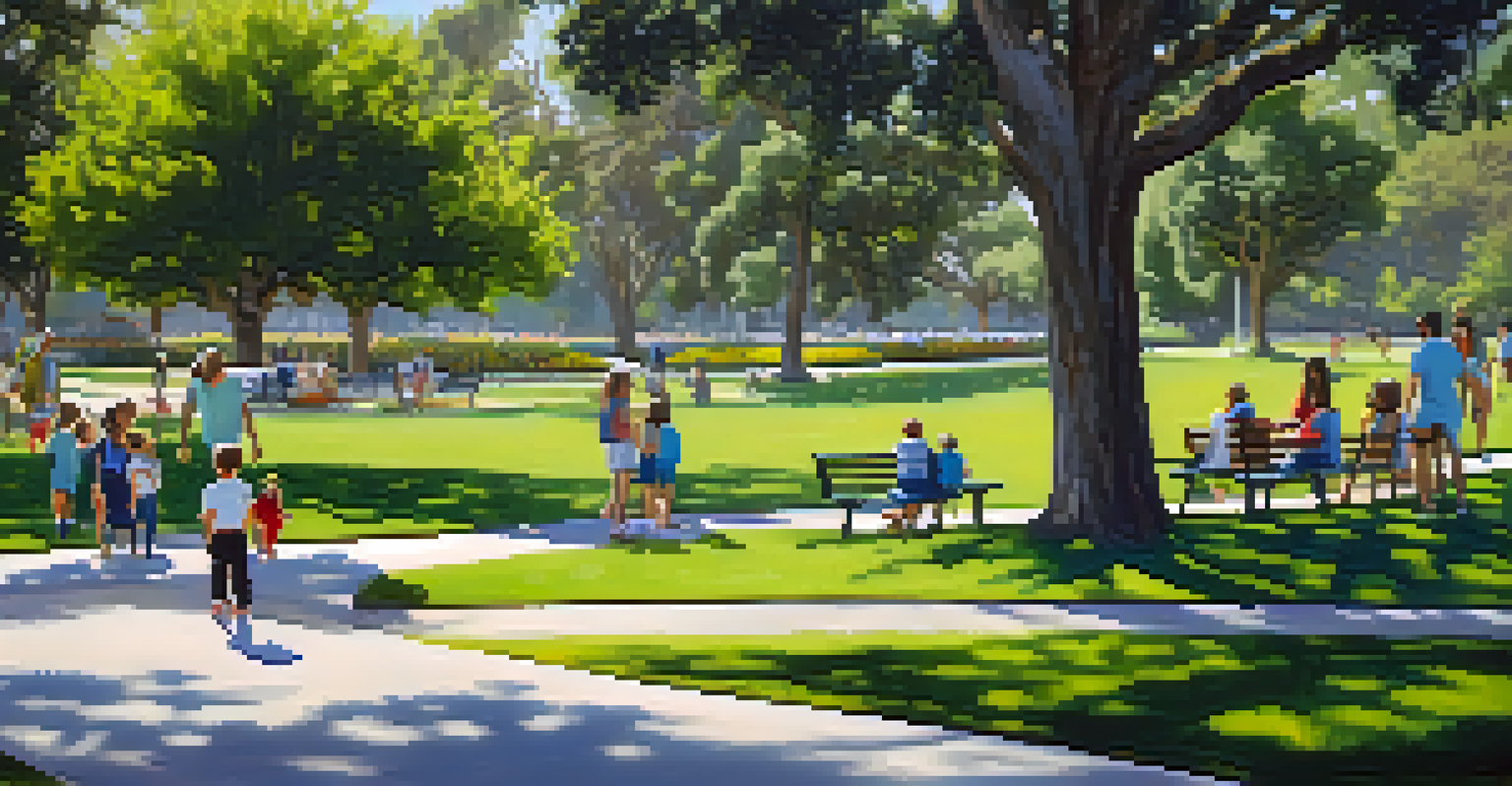 A peaceful park in Carlsbad with families enjoying nature, flowers blooming, and children playing, showcasing community and environmental care.