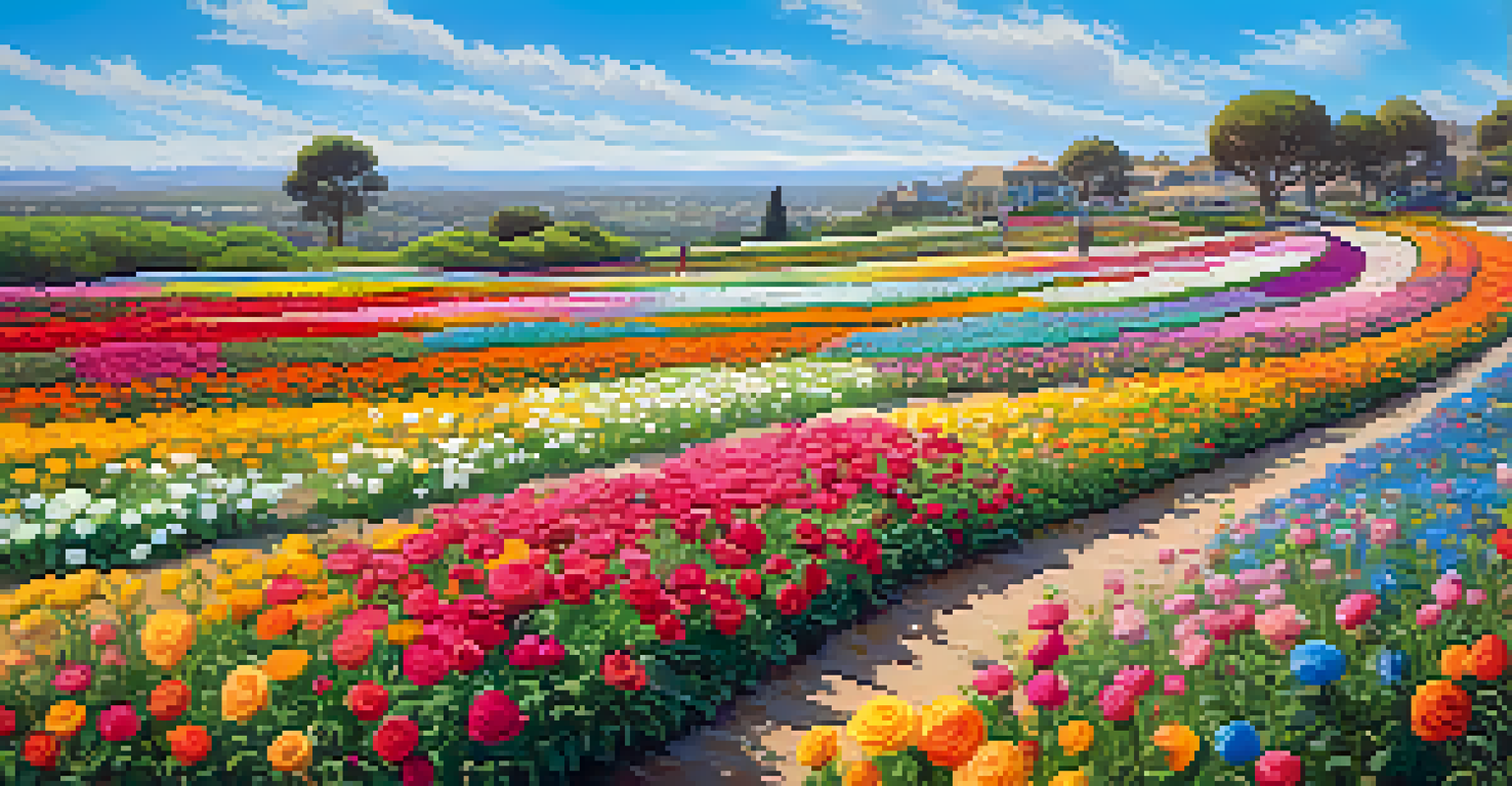 A vast field of colorful flowers in full bloom under a clear sky, with walking paths visible.