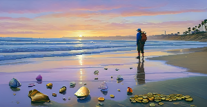 A treasure hunter at Carlsbad Beach during sunset, with a metal detector and beach artifacts around them.