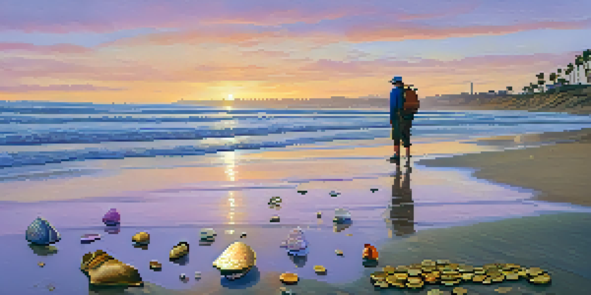 A treasure hunter at Carlsbad Beach during sunset, with a metal detector and beach artifacts around them.