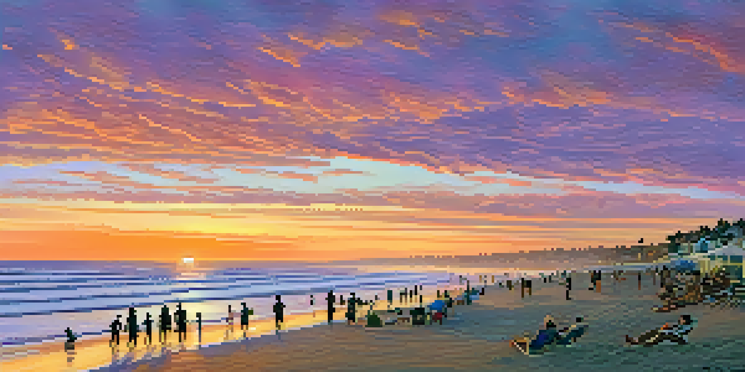 A sunset view of Carlsbad State Beach with golden sand and gentle waves, families enjoying the beach and vibrant colors in the sky.