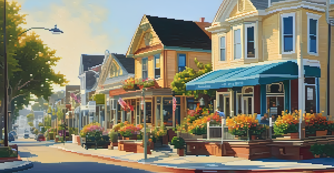 A sunny street view of Carlsbad Village with Victorian buildings and blooming flowers.