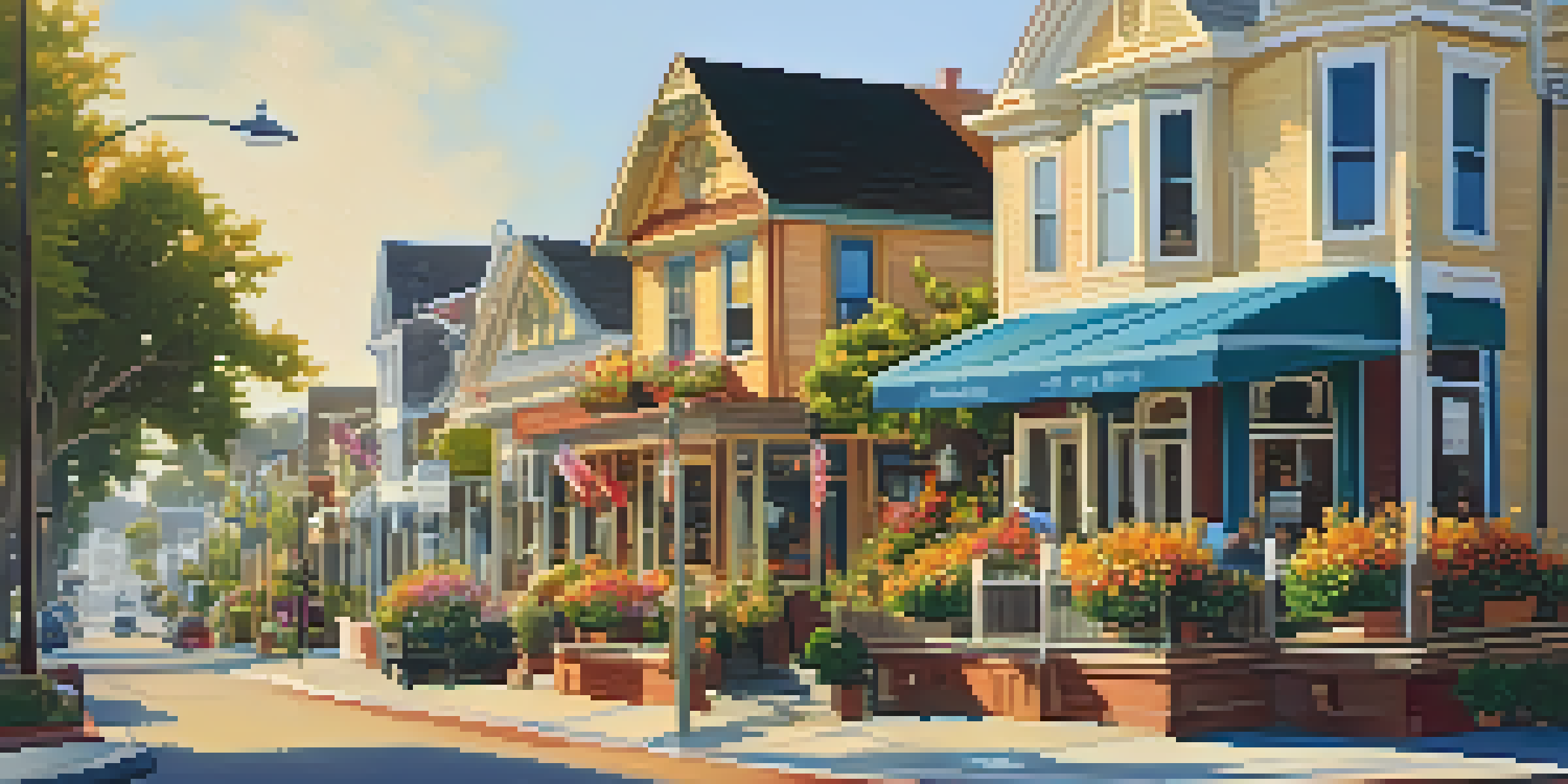 A sunny street view of Carlsbad Village with Victorian buildings and blooming flowers.