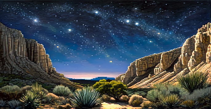 A tranquil view of Carlsbad Caverns with illuminated rock formations and a starry night sky representing the Seven Sisters constellation.