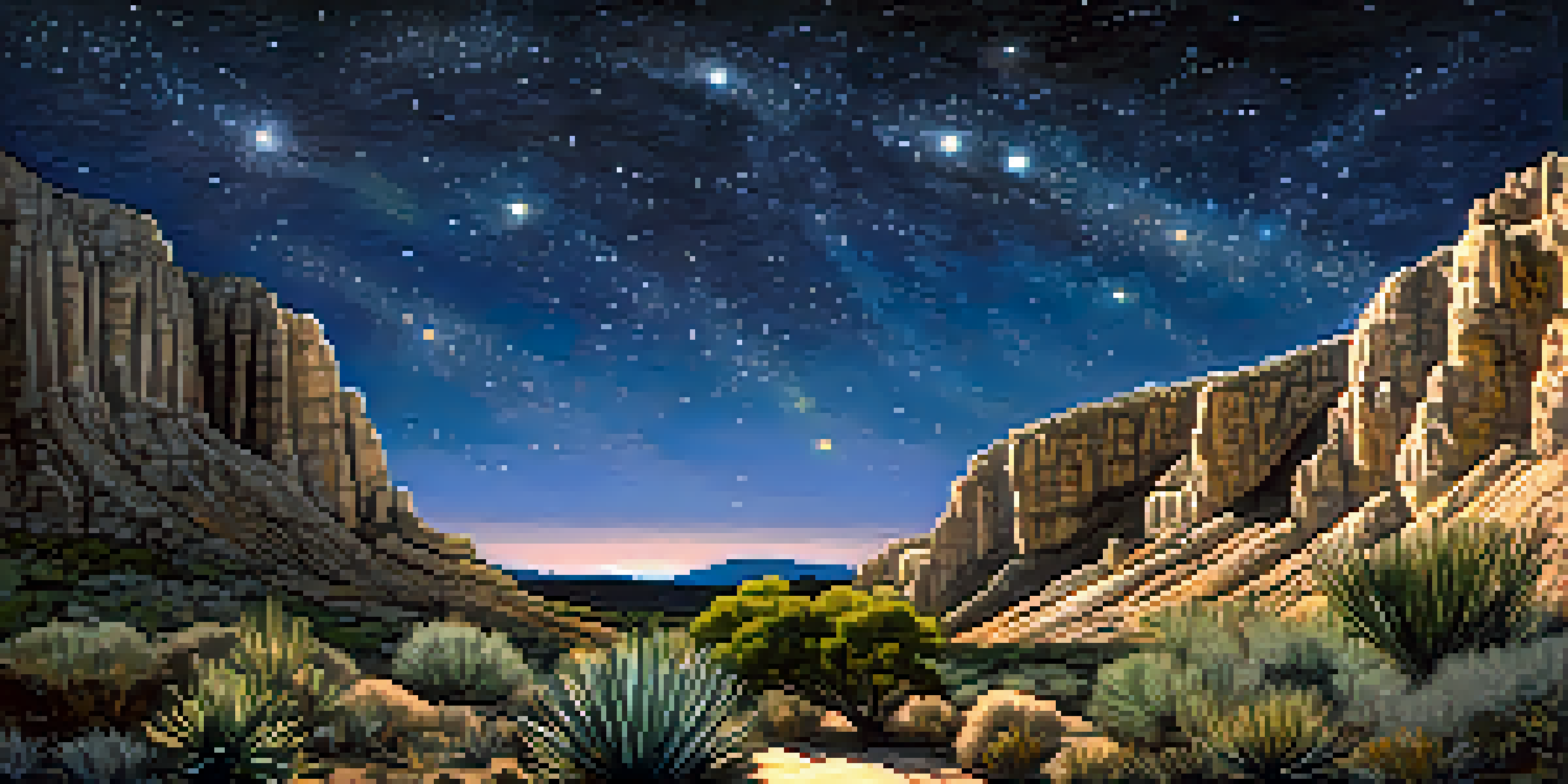 A tranquil view of Carlsbad Caverns with illuminated rock formations and a starry night sky representing the Seven Sisters constellation.