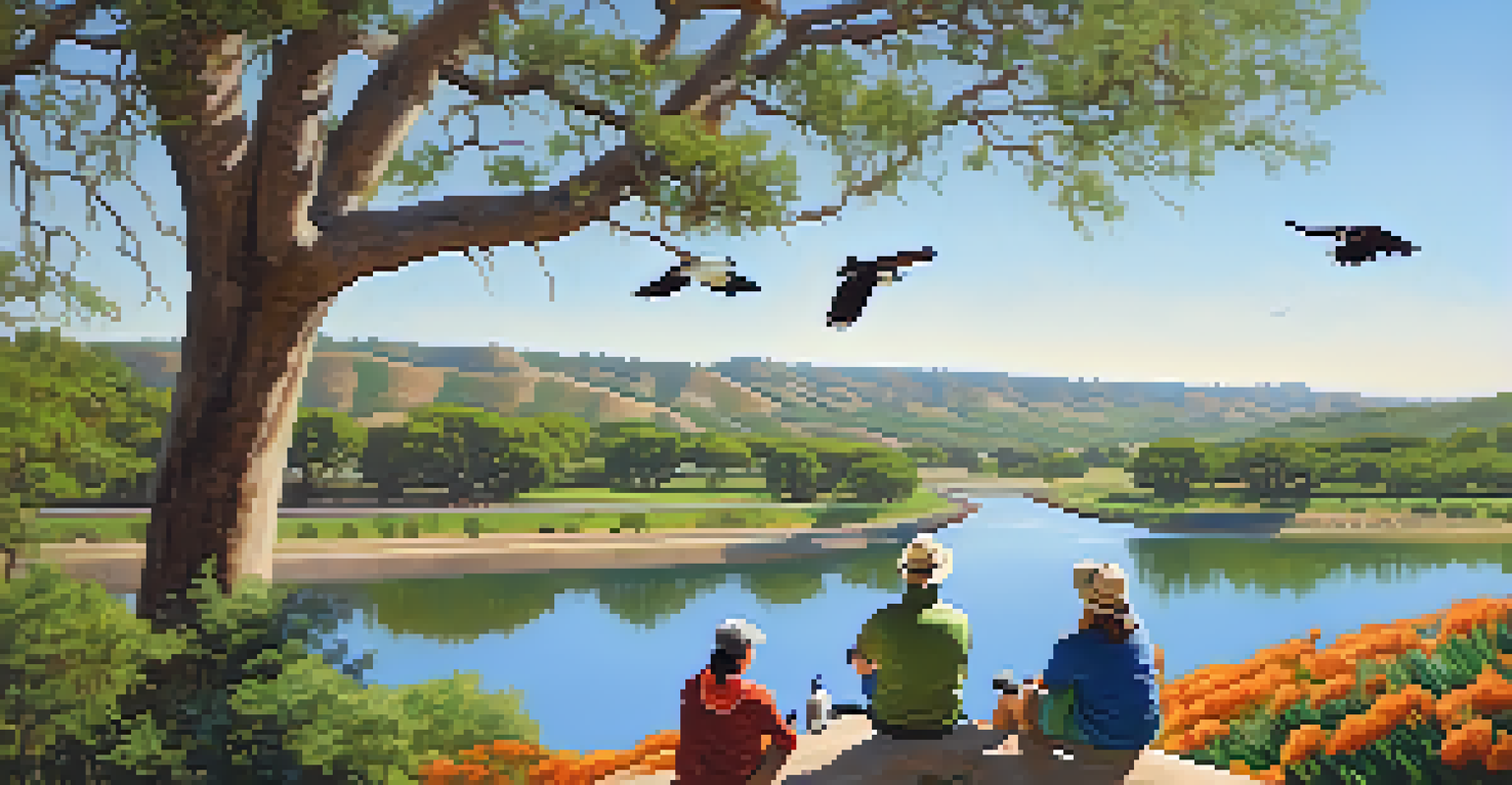 A group of birdwatchers looking at an Osprey in the sky, with blooming flowers and green hills in the background.