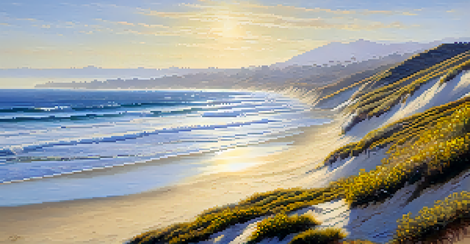 A scenic view of Carlsbad's coastline with California least terns nesting on the beach, illuminated by golden sunlight.
