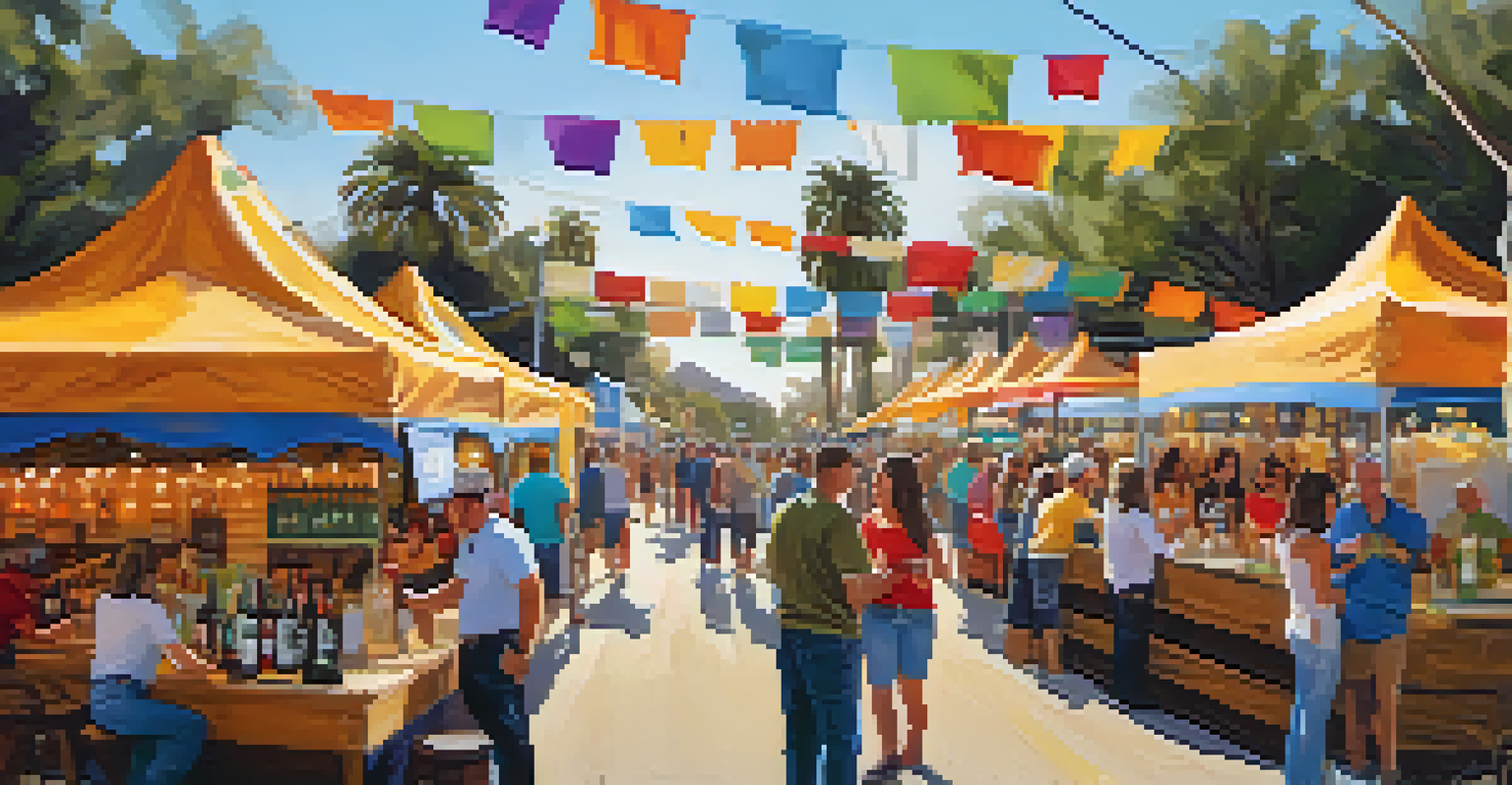 A bustling craft beverage festival with attendees sampling local beers and wines, surrounded by colorful booths and vibrant banners.