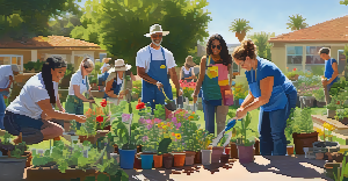 A diverse group of people participating in a gardening class, working together in a bright garden filled with colorful flowers and plants.