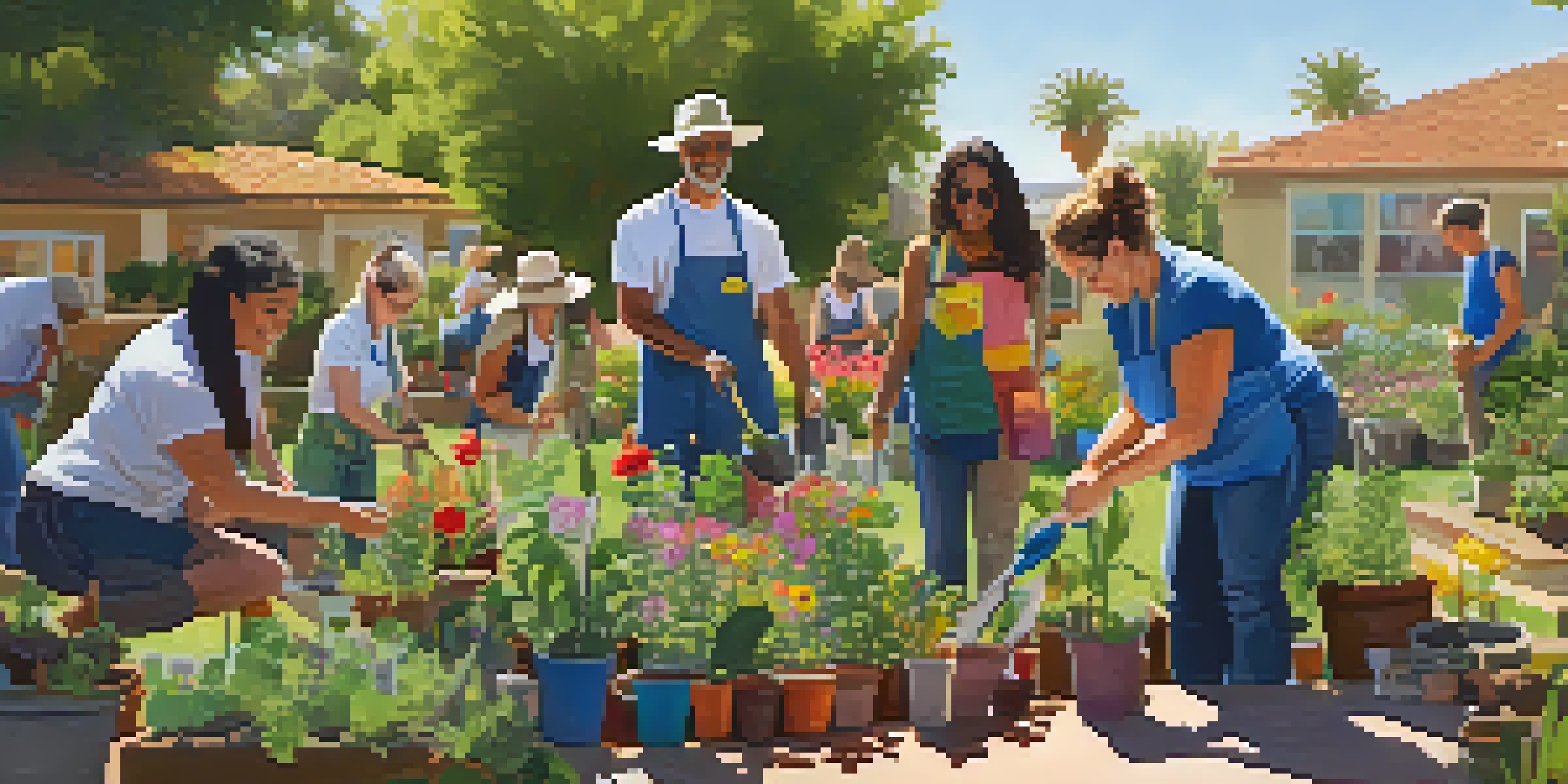 A diverse group of people participating in a gardening class, working together in a bright garden filled with colorful flowers and plants.