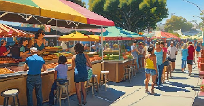 A lively outdoor food festival with diverse people sampling food at colorful stalls, surrounded by greenery and decorations under warm sunlight.