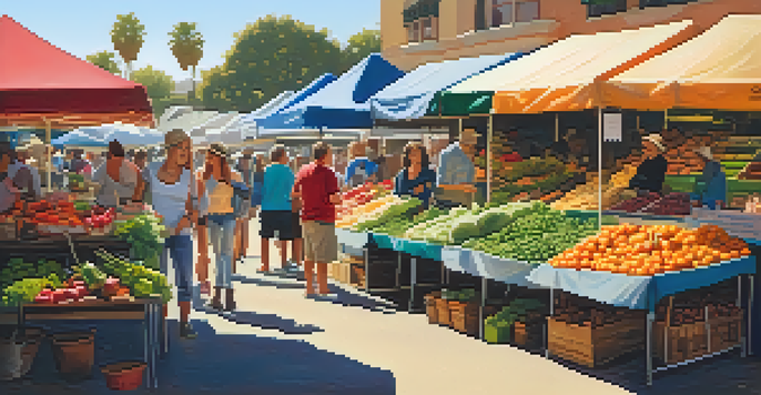 A bustling farmers market with colorful stalls filled with fresh produce, vendors chatting with customers, and a lively atmosphere.