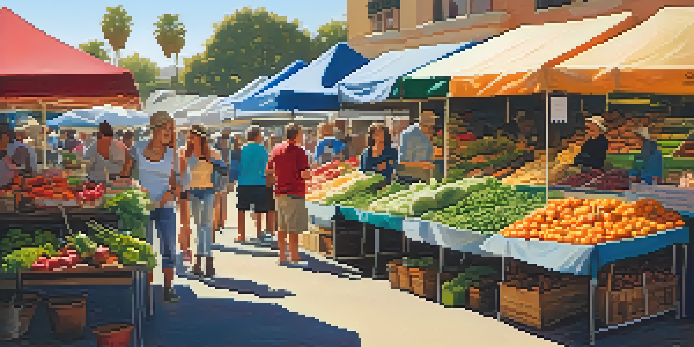 A bustling farmers market with colorful stalls filled with fresh produce, vendors chatting with customers, and a lively atmosphere.