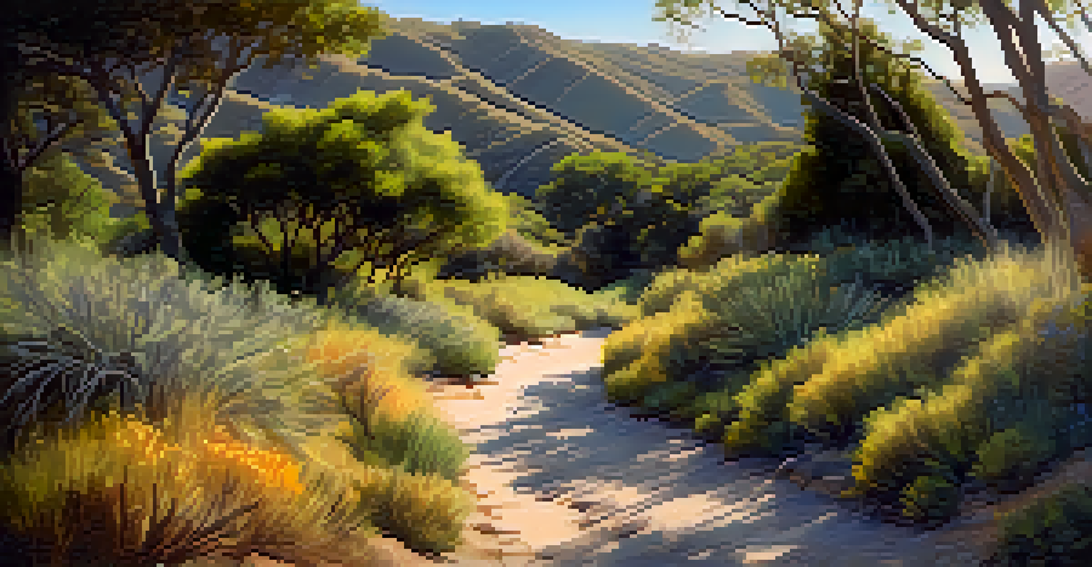 A tranquil hiking trail in a canyon with greenery, a deer, and soft sunlight through the trees.