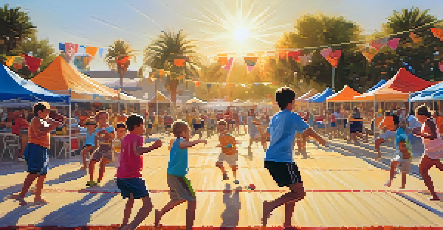 A community sports festival with families enjoying activities like tug-of-war and relay races, colorful banners and food stalls in a warm, sunny environment.