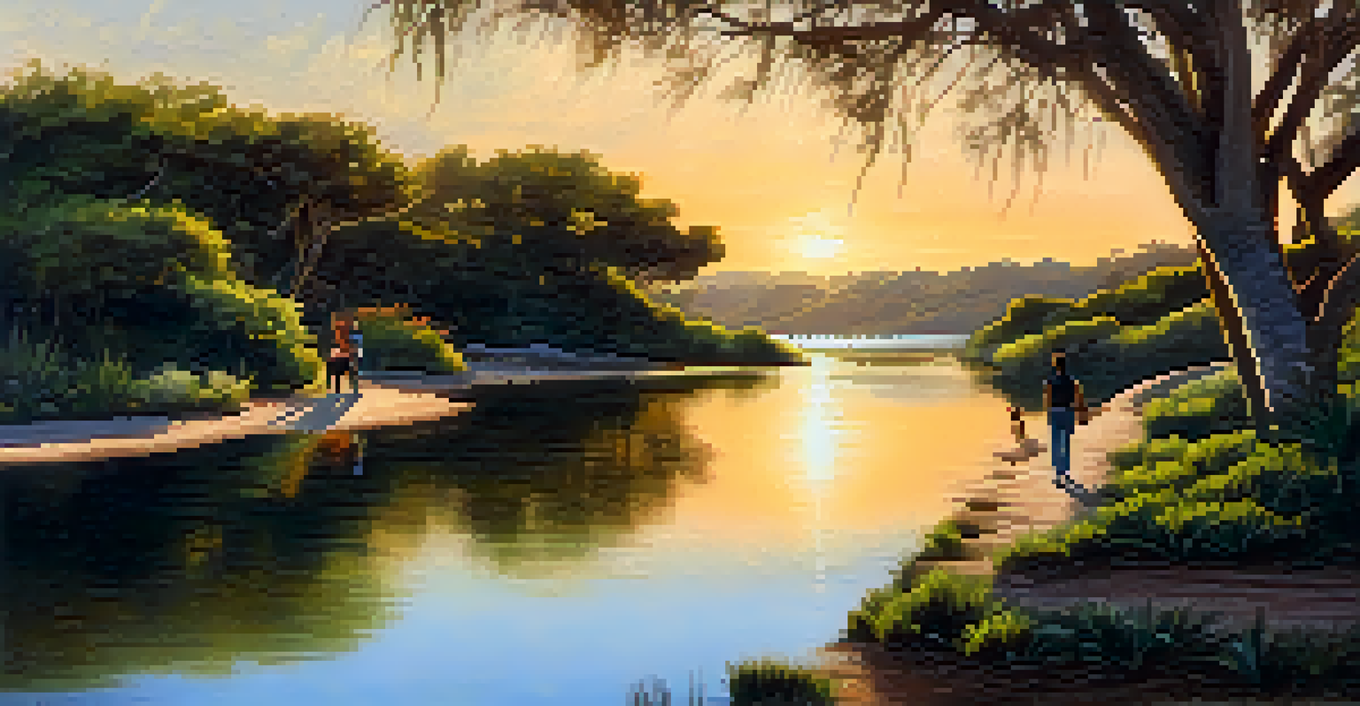 People walking along Batiquitos Lagoon Trail at sunset, with a lagoon and lush greenery in the background.