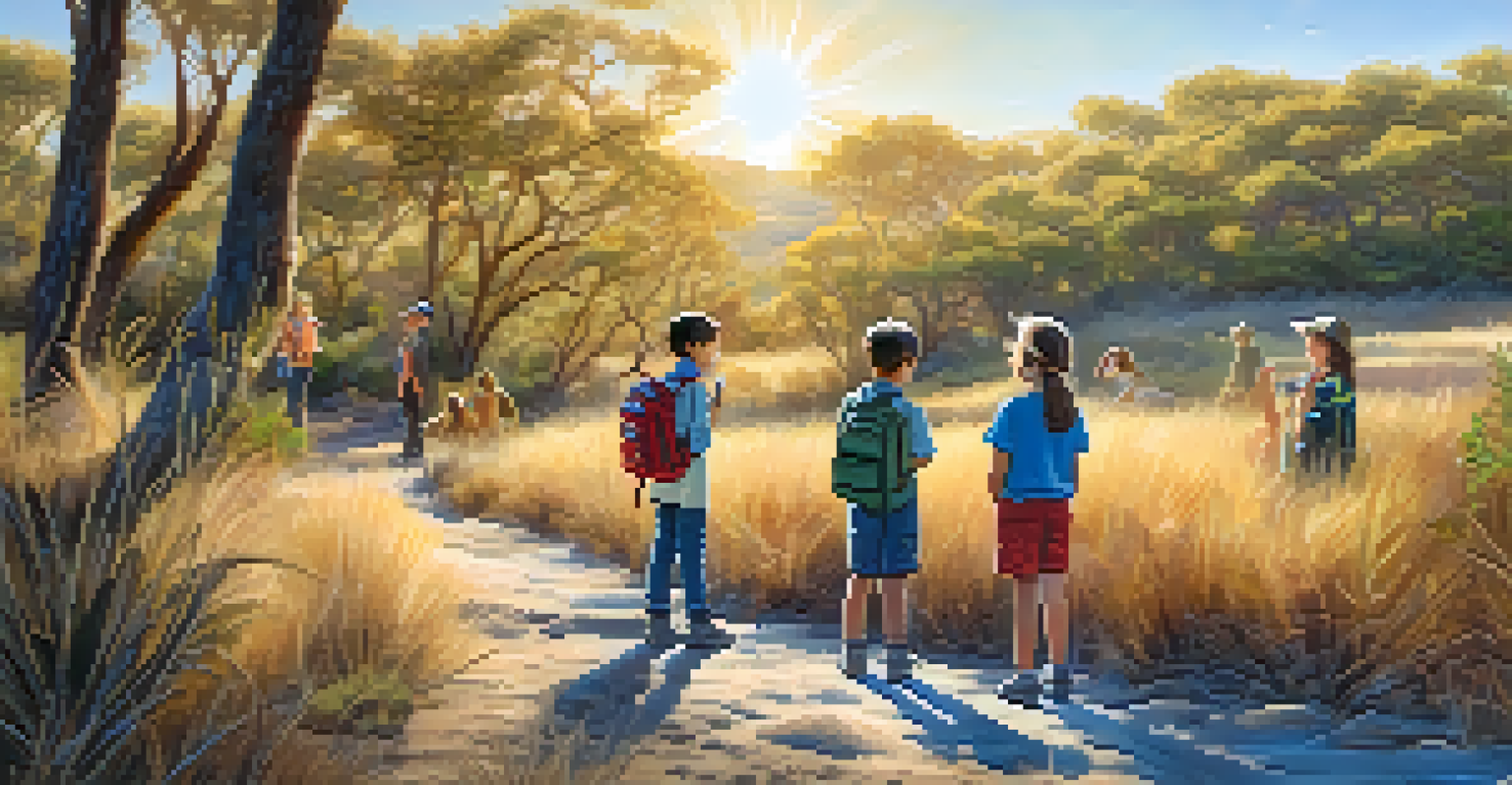Children on a field trip in a natural reserve in Carlsbad, observing wildlife and engaging in learning activities among native vegetation under a sunny sky.