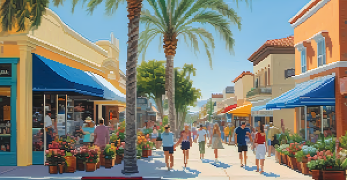 A lively street filled with colorful boutiques and people walking in Carlsbad Village under a bright blue sky.