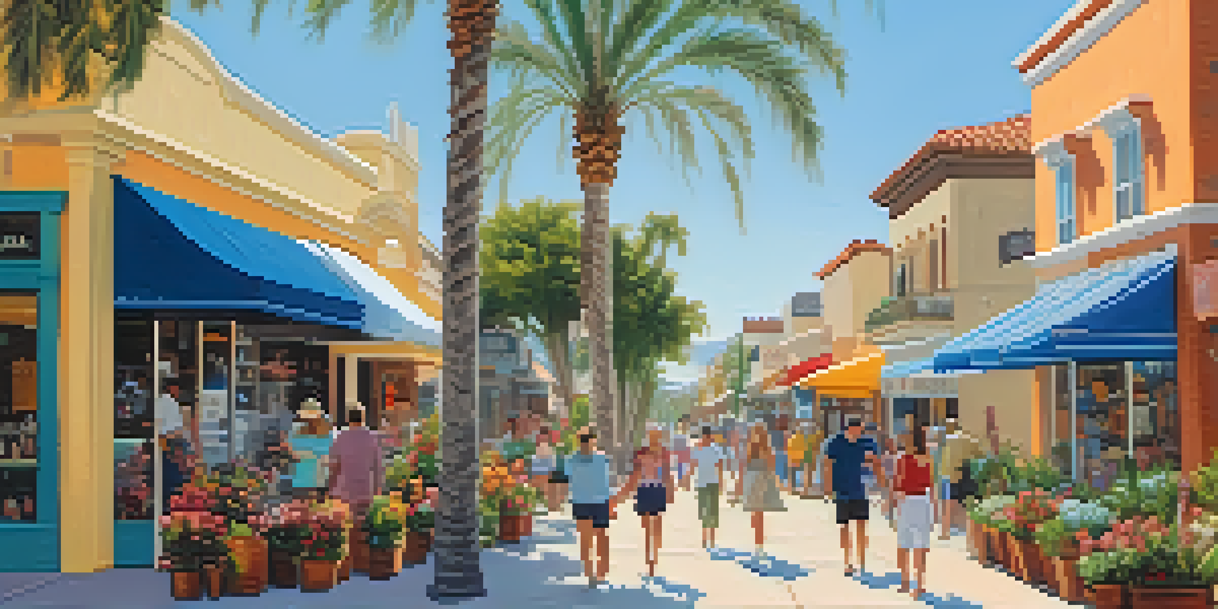 A lively street filled with colorful boutiques and people walking in Carlsbad Village under a bright blue sky.