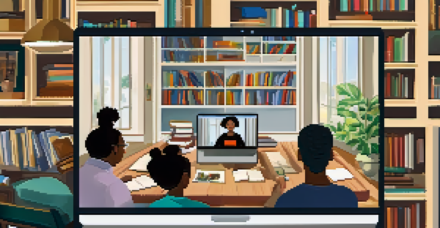 A diverse group of adult learners participating in an online class, each in their own home environment, showcasing engagement and interaction.