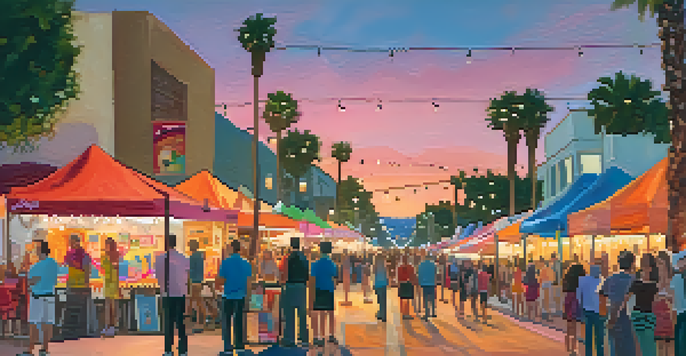 A lively street scene during an art walk in Carlsbad with artists displaying their work and a crowd enjoying the event under a sunset sky.