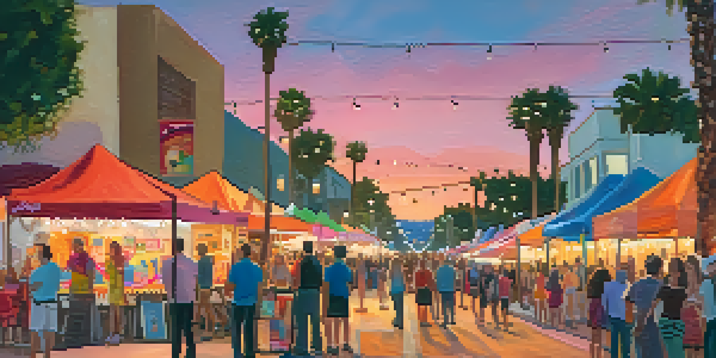A lively street scene during an art walk in Carlsbad with artists displaying their work and a crowd enjoying the event under a sunset sky.