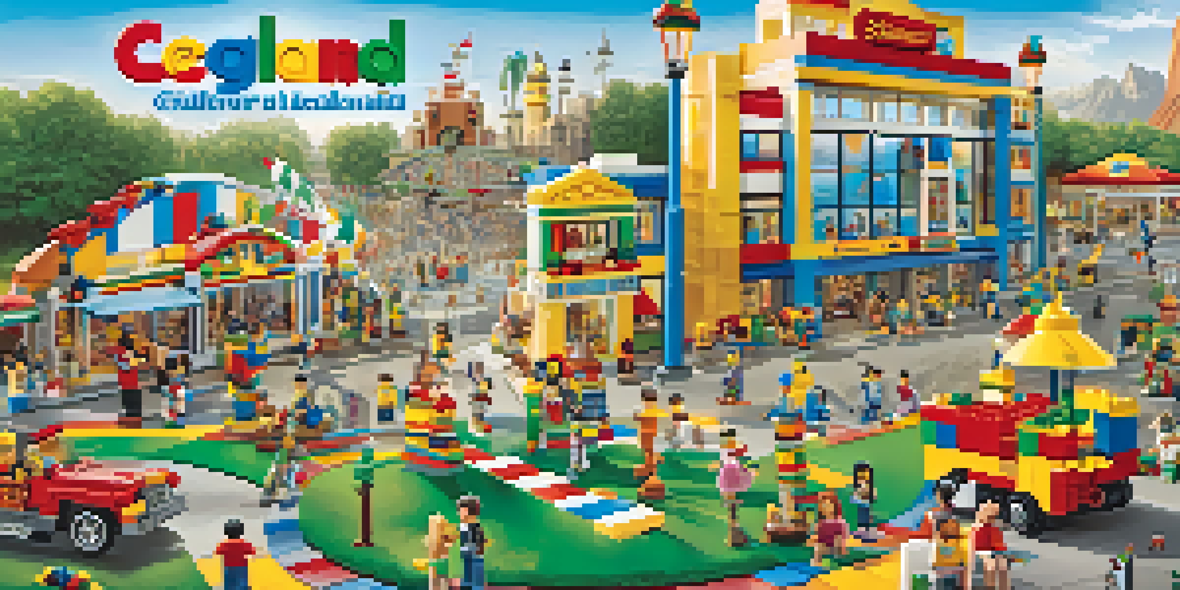 A colorful scene at Legoland California with families enjoying Lego sculptures and attractions, including a large Lego castle and roller coasters in the background.