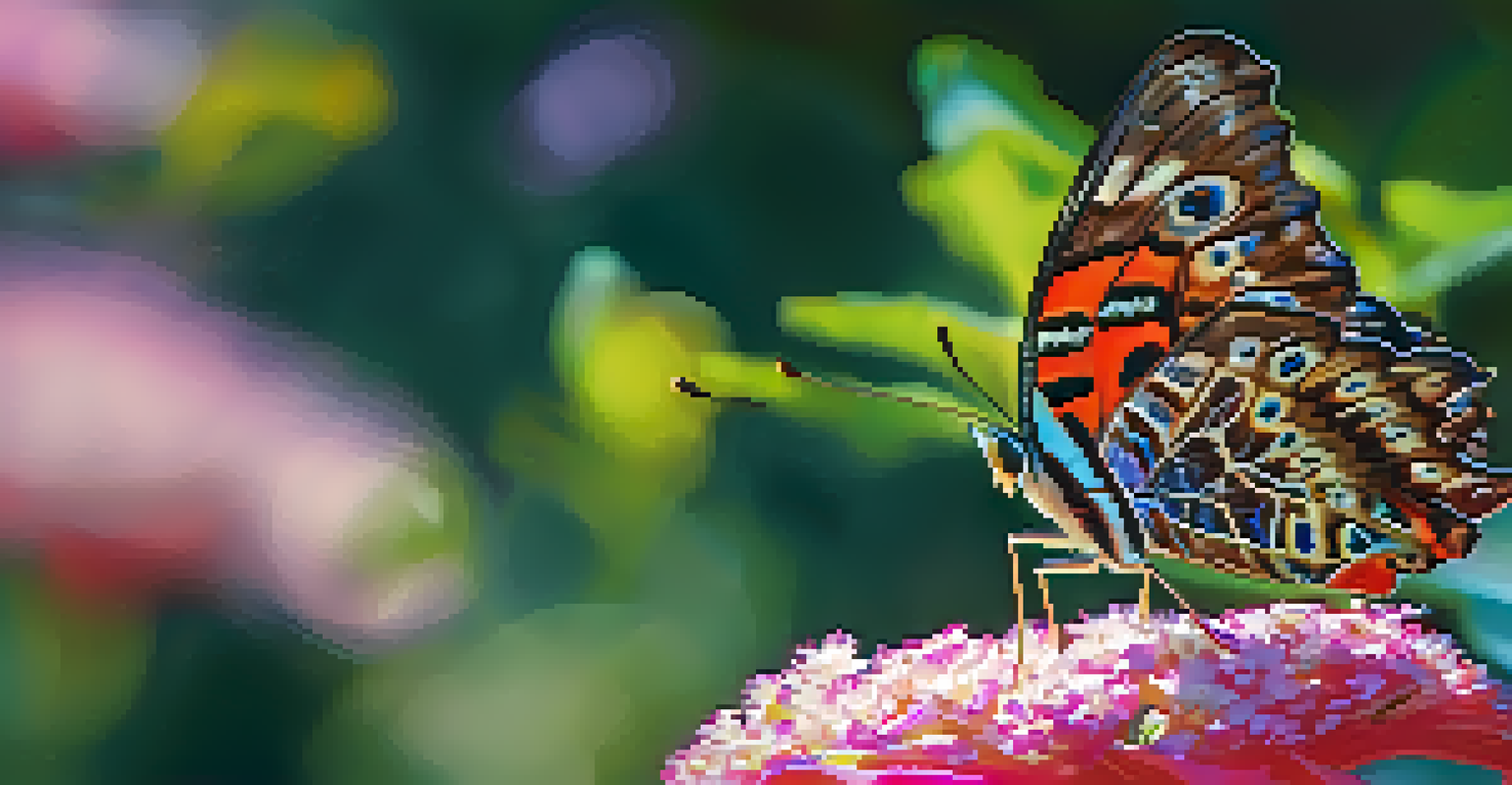 A close-up of a colorful butterfly on a blooming flower in a butterfly garden, with sunlight filtering through the leaves.