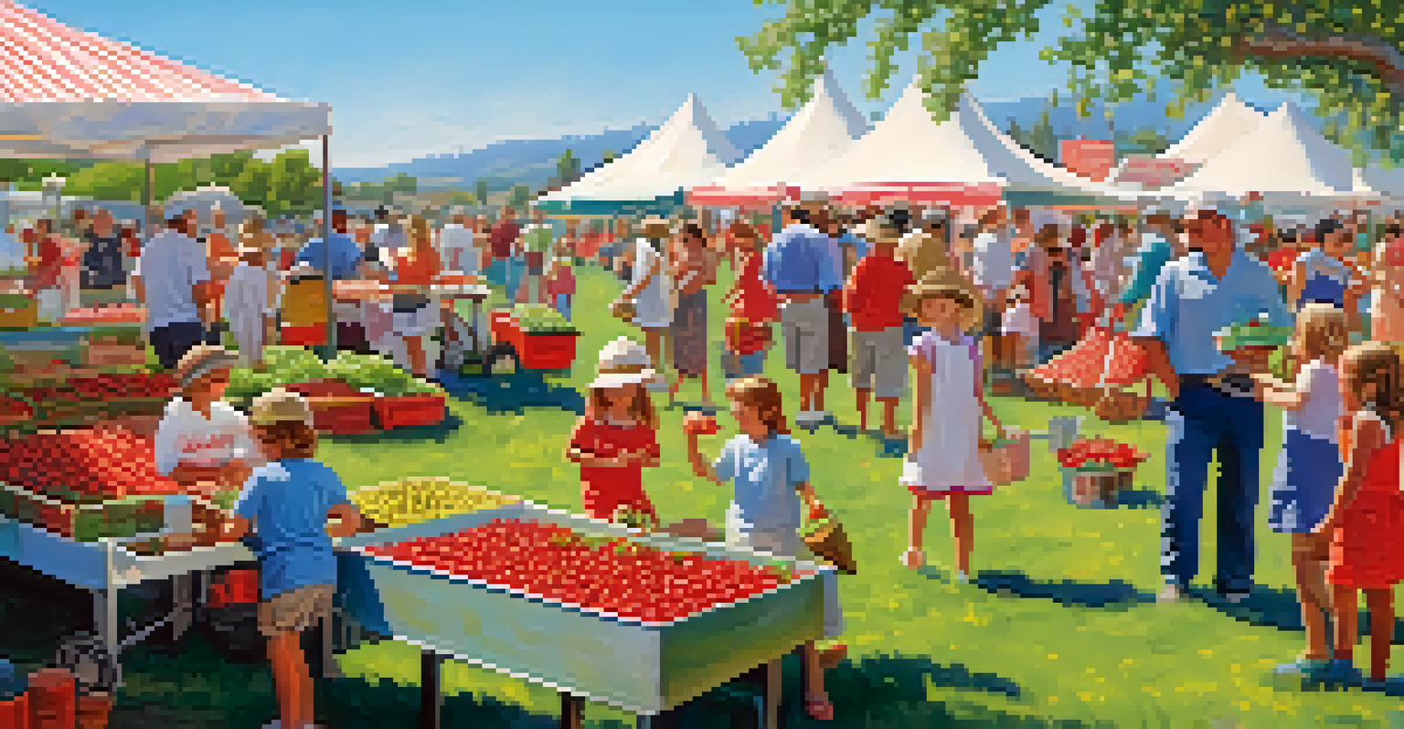Families enjoying the Carlsbad Strawberry Fields Festival, picking strawberries and tasting treats under a sunny sky.