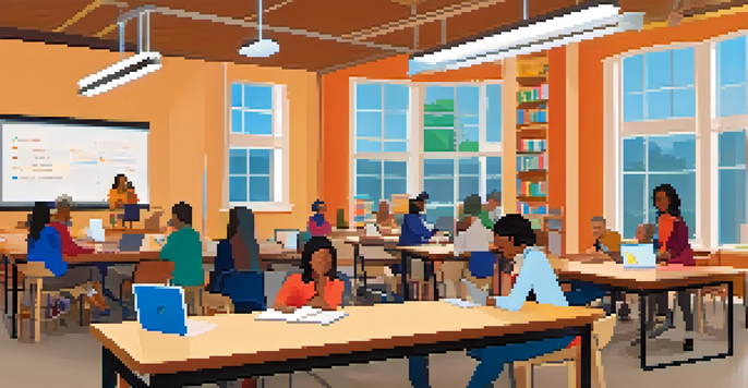 An inviting library setting with adults participating in different learning activities, including a woman in a creative writing workshop and seniors in a digital literacy class.