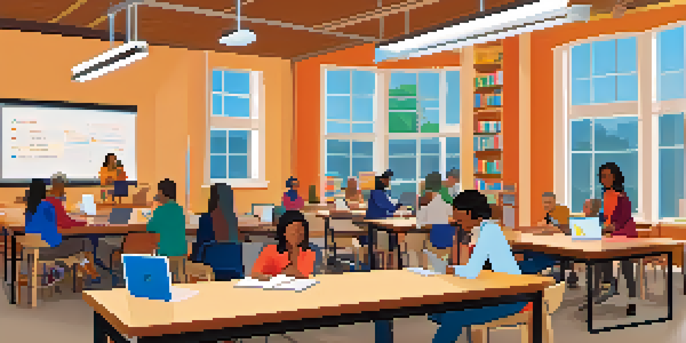 An inviting library setting with adults participating in different learning activities, including a woman in a creative writing workshop and seniors in a digital literacy class.