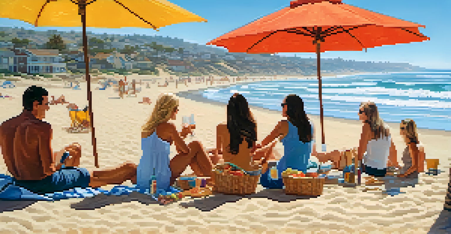 A sunny beach view in Carlsbad, with friends enjoying a picnic and wine near the ocean.