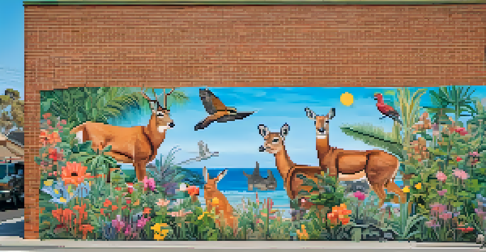 A colorful mural showcasing local plants and animals in Carlsbad, with people viewing the art in a lively environment.