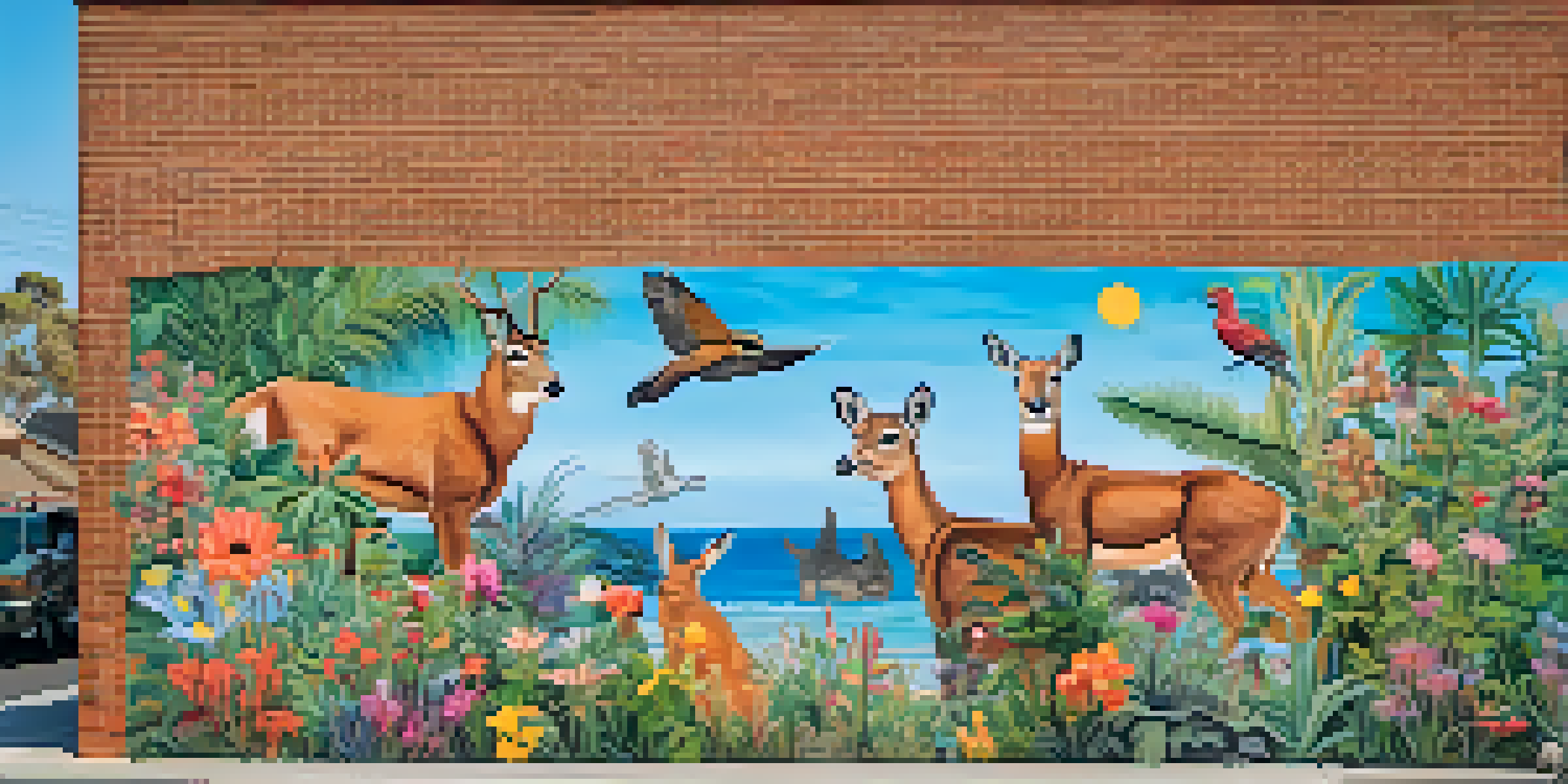 A colorful mural showcasing local plants and animals in Carlsbad, with people viewing the art in a lively environment.