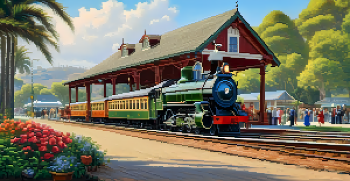 A historic railroad station bustling with activity, featuring steam locomotives and vintage passenger cars, surrounded by greenery and colorful flowers.