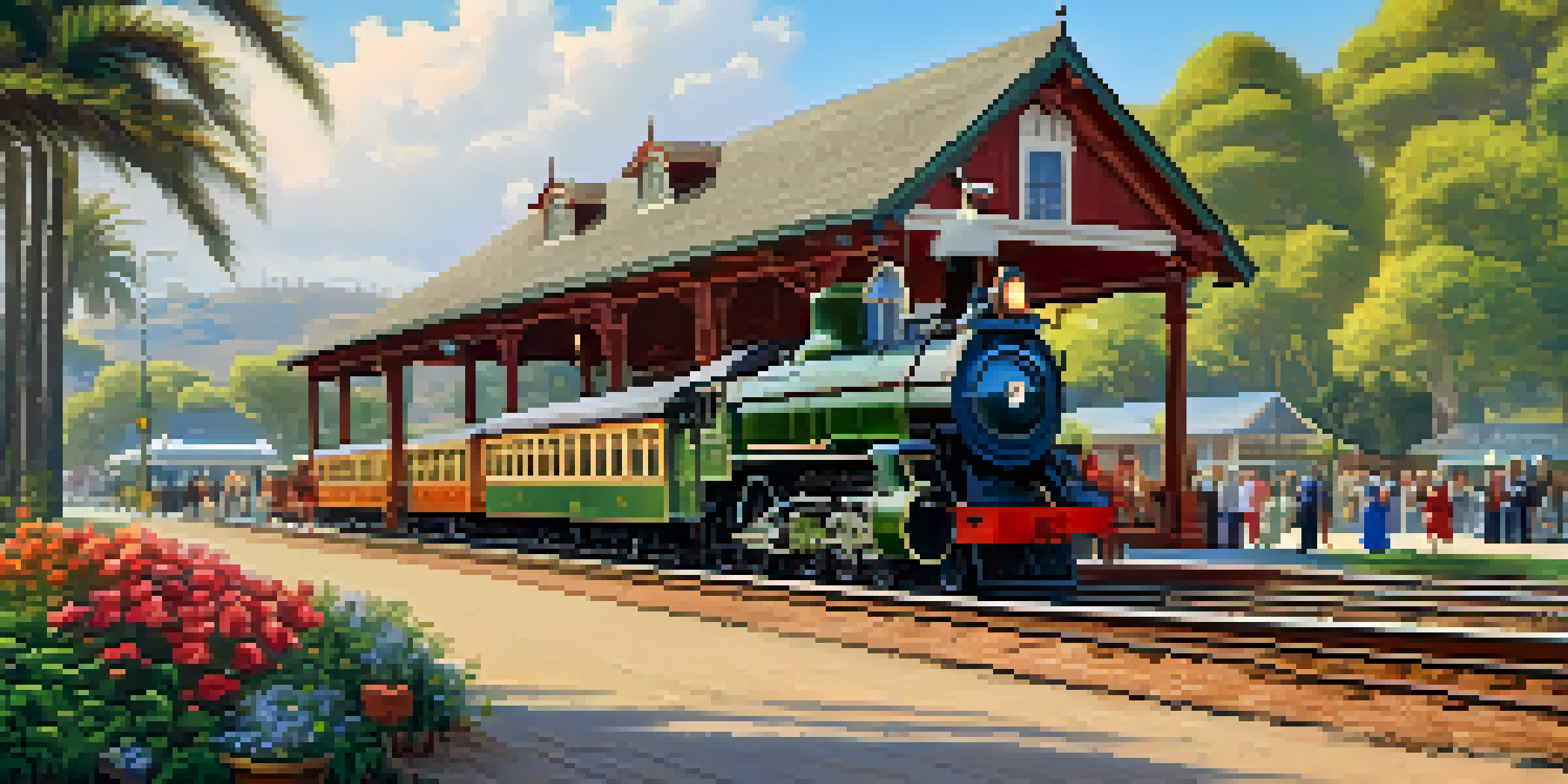 A historic railroad station bustling with activity, featuring steam locomotives and vintage passenger cars, surrounded by greenery and colorful flowers.